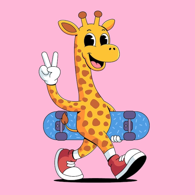 Happy Giraffe Skateboarder Giving a Peace Sign