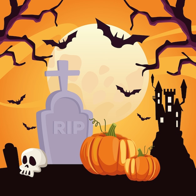 Happy halloween card con teschio e zucca nel cimitero
