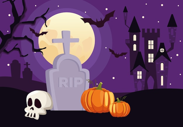 Happy halloween card con teschio e zucca nella scena del cimitero
