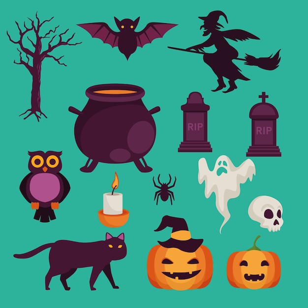 Happy halloween celebrazione card con set di icone illustrazione vettoriale design