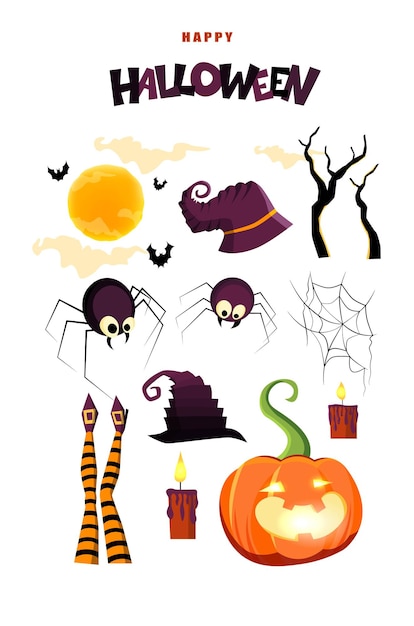 Happy Halloween scritte a mano testo con luna zucca candele ragni streghe gambe e cappello