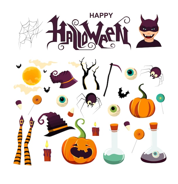 Happy Halloween scritte a mano testo con zucca candele ragni streghe gambe e cappello