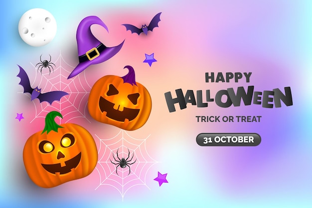 Happy Halloween Sfondi in rete gradiente con simpatici pipistrelli di zucca luna e ragno su layout creativo