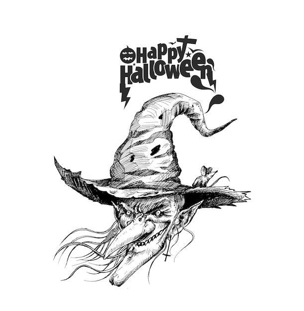 Happy Halloween Siluette delle streghe, illustrazione vettoriale di schizzo disegnato a mano.