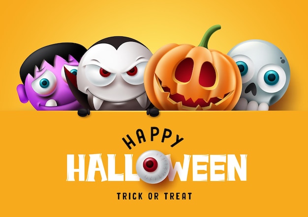 Happy halloween testo modello vettoriale design Halloween dolcetto o scherzetto personaggi spaventosi spettrali