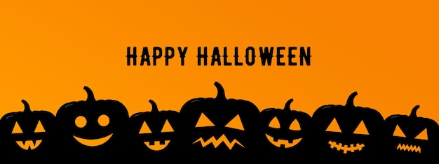 Happy Halloween zucche intagliate linea di fondo biglietto di auguri vettoriale panoramico nero e arancione