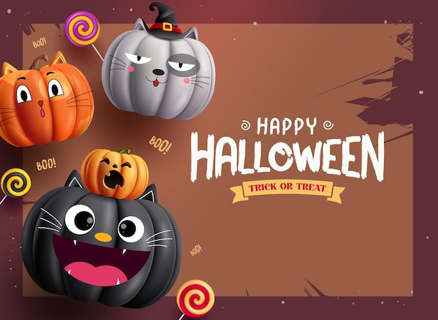 Happy halloween zucche personaggi modello vettoriale design zucche gatto personaggio carino