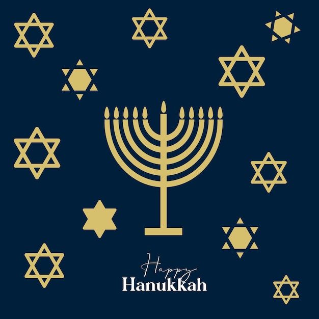 Happy Hanukkah card design con simboli dorati su sfondo blu per la festa ebraica di Hanukkah