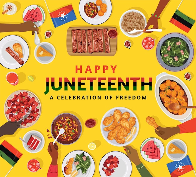 Happy Juneteenth Vista dall'alto cenare in famiglia insieme vettore