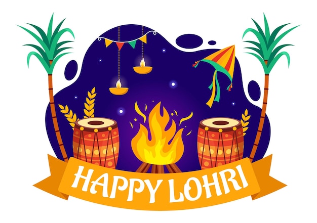 Happy Lohri Festival of Punjab India Vector Illustration of Playing Dance and Celebration Bonfire
