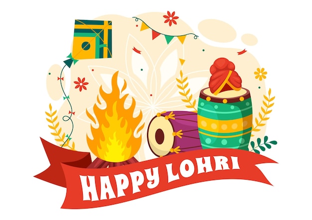 Happy Lohri Festival of Punjab India Vector Illustration of Playing Dance and Celebration Bonfire