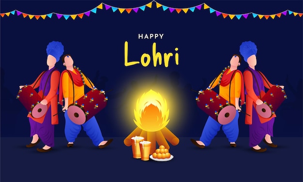 Happy Lohri Punjabi Indian festival celebrazione illustrazione vettoriale Persone che ballano davanti al fuoco notturno