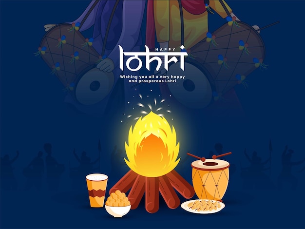 Happy Lohri Punjabi Indian festival celebrazione notte di falò con cibo di stagione Vector Illustrazione