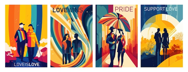 Happy month pride colori dell'arcobaleno Illustrazioni vettoriali dell'orgoglio lgbtq coppia gay e lesbica per un poster di biglietto di auguri