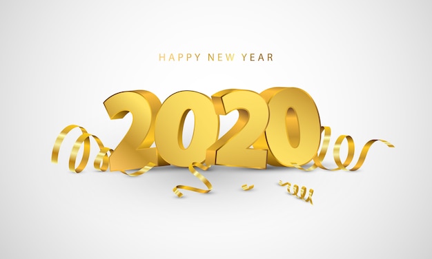 Happy New Year 2020. Biglietto di auguri design con coriandoli d'oro.