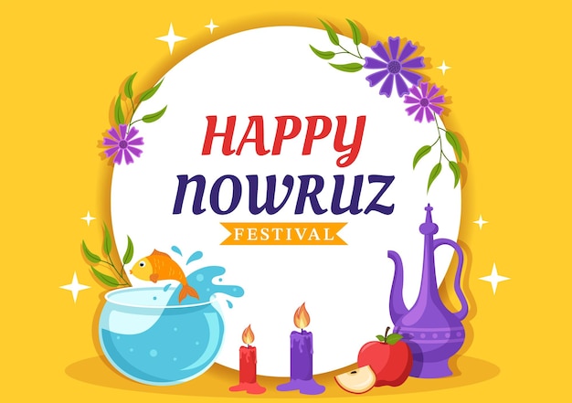 Happy Nowruz Day o illustrazione del nuovo anno iraniano in modelli disegnati a mano di cartoni animati piatti