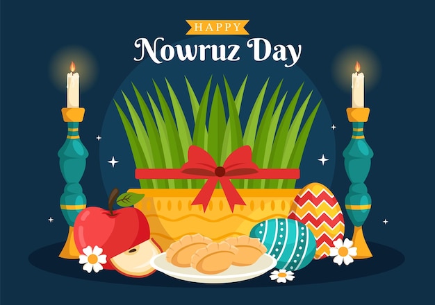Happy Nowruz Day o illustrazione del nuovo anno iraniano in modelli disegnati a mano di cartoni animati piatti