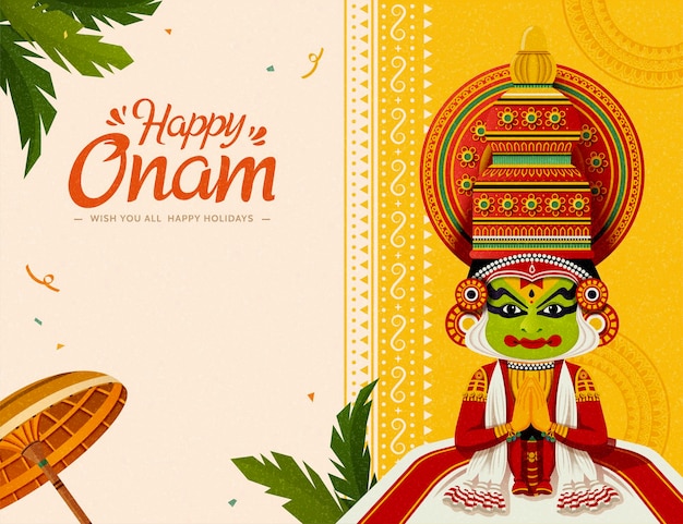 Happy Onam festival con ballerino Kathakali ed elementi ombrello