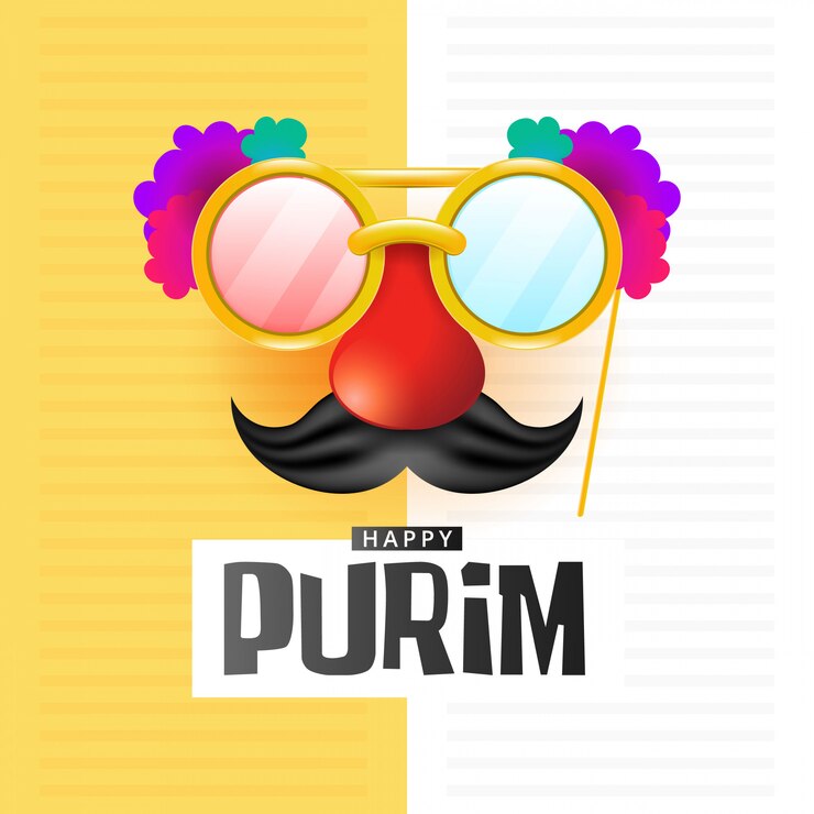 Vettore happy purim con maschera di carnevale in cartone