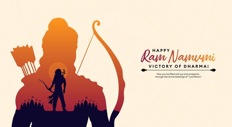 Vettore happy ram navami digital artwork signore rama silhouette con arco e freccia vittoria del dharma