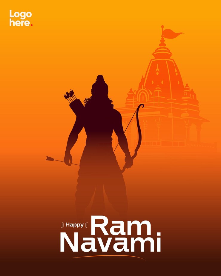 Vettore happy ram navami una silhouette del signore rama con il tempio