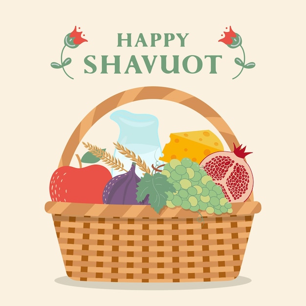 Happy Shavuot Basket con frutta latte e formaggio Biglietto di auguri shavuot per le festività ebraiche