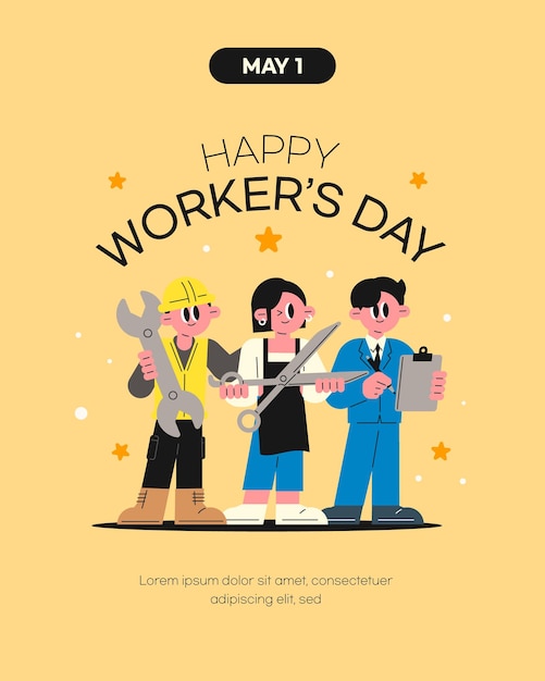 Happy Workers Day Celebration Cute and simple style Engineer hairdresser office worker