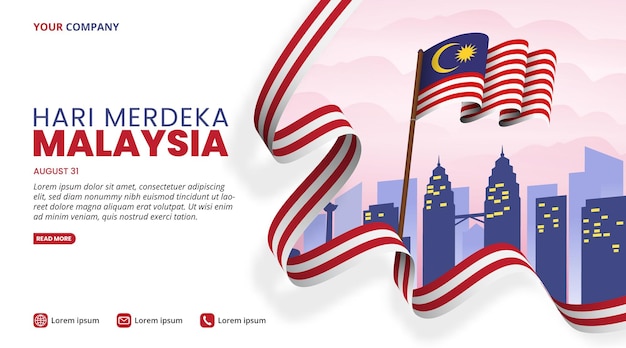 Hari Merdeka Malaysia o sfondo della Giornata dell'Indipendenza della Malesia con una bandiera che ondeggia e edifici