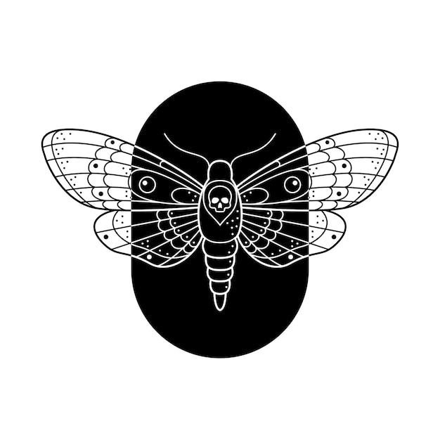 Hawkmoth testa di morte stilizzata in bianco e nero in cornice a forma di arco Illustrazione vettoriale ornata di arte al tratto disegnata a mano