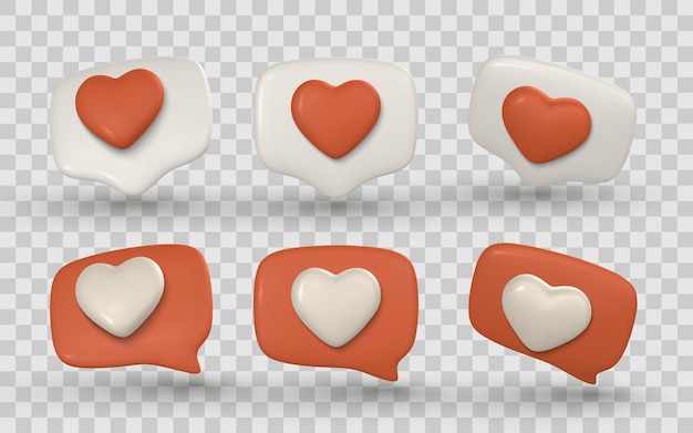 Heart Chat Bubbles 3D Cartoon Style per i social media e le reazioni d'amore Icone di plastica rosse e bianche