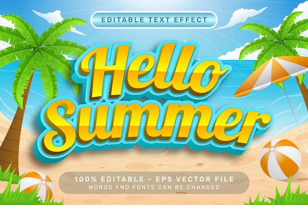 hello summer effetto di testo 3D e effetto di testo modificabile con uno sfondo di spiaggia
