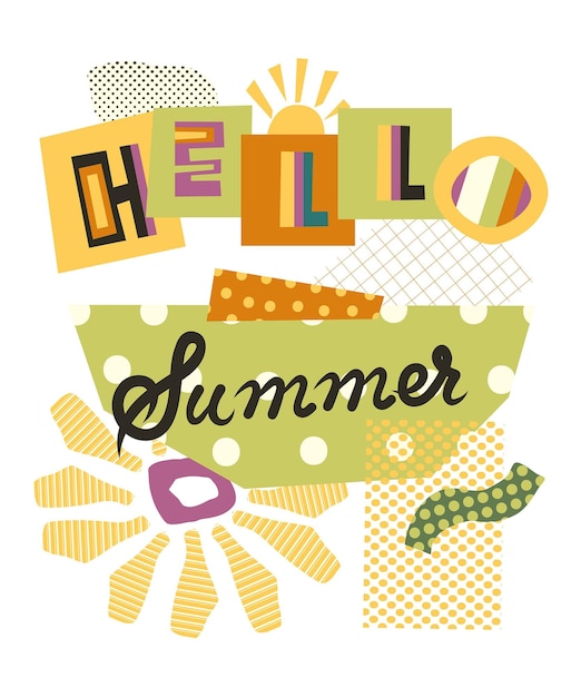 Hello summer poster Collage di lettere e moduli di ritaglio Hello Summer design tipografico in vettoriale