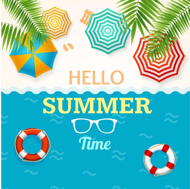 Hello Summer Time Banner con un ombrellone e un vettore di foglia di palma verde