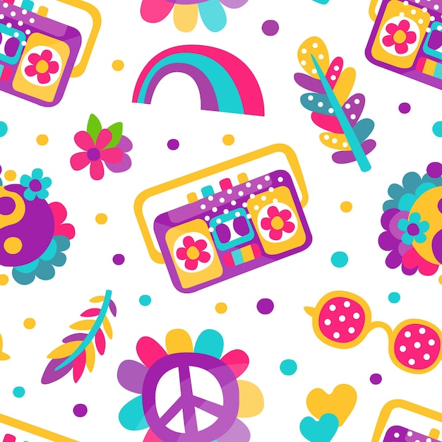 Hippie Bohemian Sticker Element Vector Seamless Pattern Template (Template di modello senza cuciture)