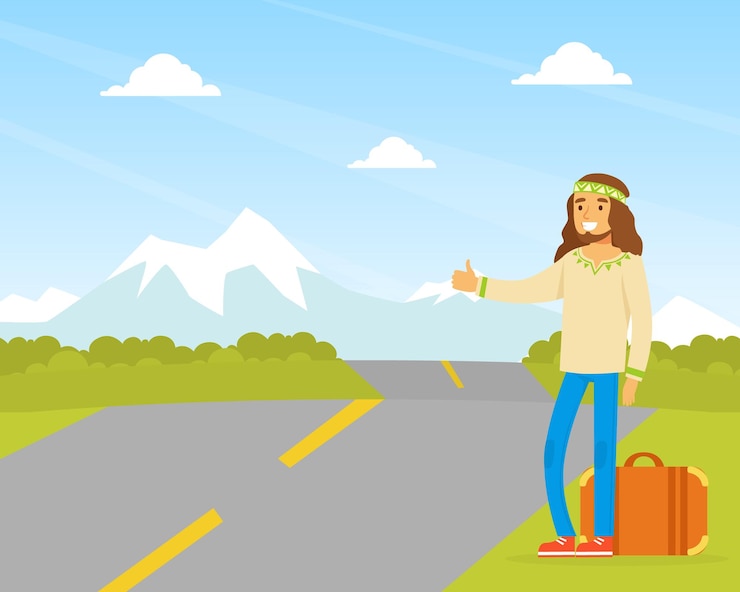 Vettore hippie man character uomo che fa l'autostop indossando abiti retrò degli anni '60 e '70 viaggiando in autostop illustrazione vettoriale