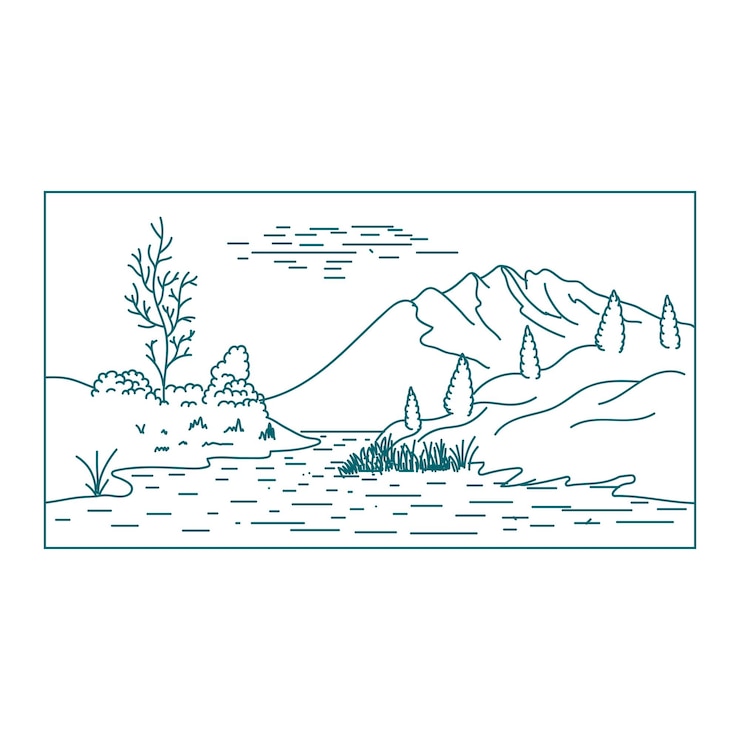 Vettore hipster mountain hill con lake river creek swamp landscape view line outline style illustration