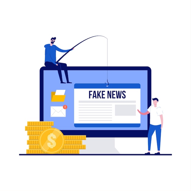 Hoax fake news concept con carattere. Disinformazione o bufale diffuse tramite social media online o siti di notizie false. Stile piatto moderno per landing page, app mobile, poster, flyer, immagini di eroi.