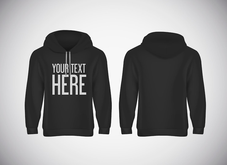 Vettore hoddy nero da uomo. mockup realistico con testo del marchio per la pubblicità. modello di felpa con cappuccio a manica lunga sullo sfondo.