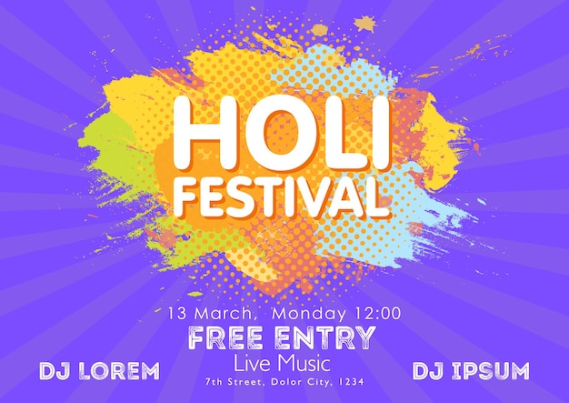 Holi festival primaverile dei colori modello di invito con nuvole colorate di vernice in polvere e testo di esempio. Vernice in polvere blu, gialla, rosa e arancione. Illustrazione vettoriale.