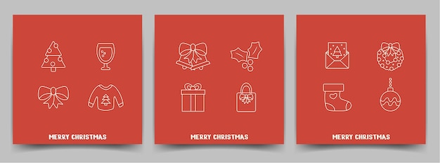 Holiday Merry Christmas set con elementi di linea icone di testo biglietti di auguri su sfondo rosso Vector