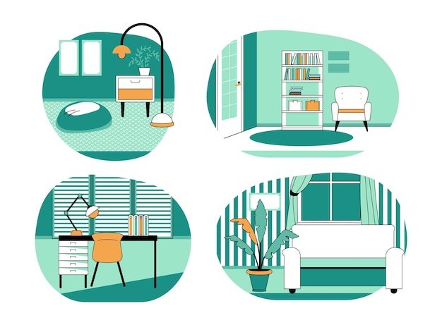 Home interior Arredi e decorazione del soggiorno Divano confortevole Armchair e libreria Pianta in vaso di fiori Tenda per finestra Tavolo per computer Set di arredi per appartamenti vettoriali