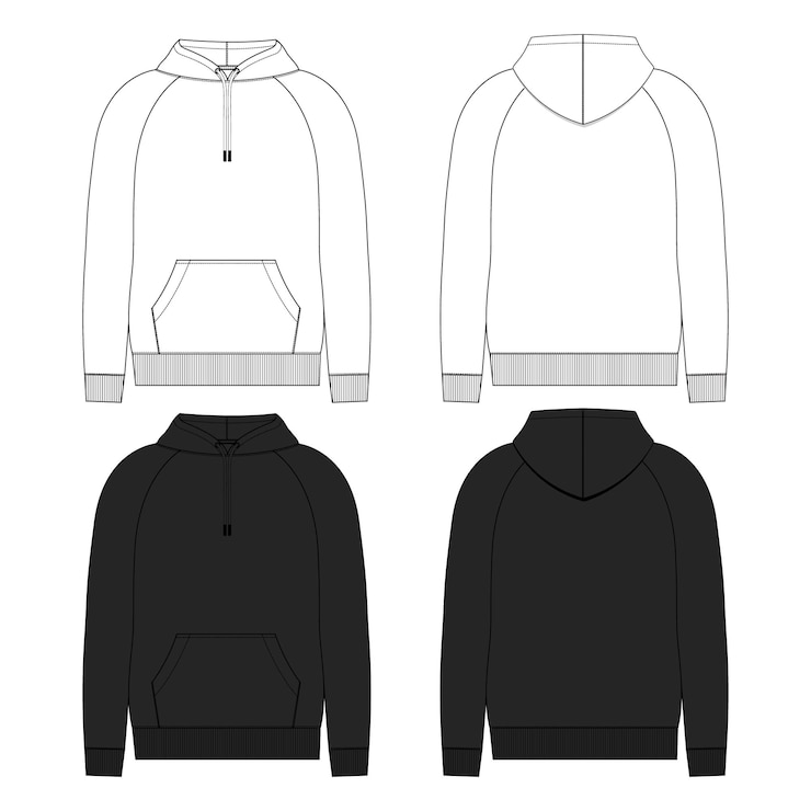 Vettore hoodie a maniche lunghe moda schizzo piatto illustrazione vettoriale modello di colore bianco e nero