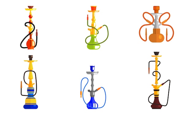 Hookah od Differenti colori Set Lounge Bar o Smoke Shop Elemento di progettazione Illustrazione vettoriale su sfondo bianco