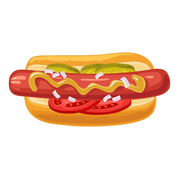 Hotdog con pomodoro, cetriolo, senape, cipolla. Vista dall'alto. Illustrazione piana di colore di vettore per poster, menu, brochure, web. Icona isolata su priorità bassa bianca.