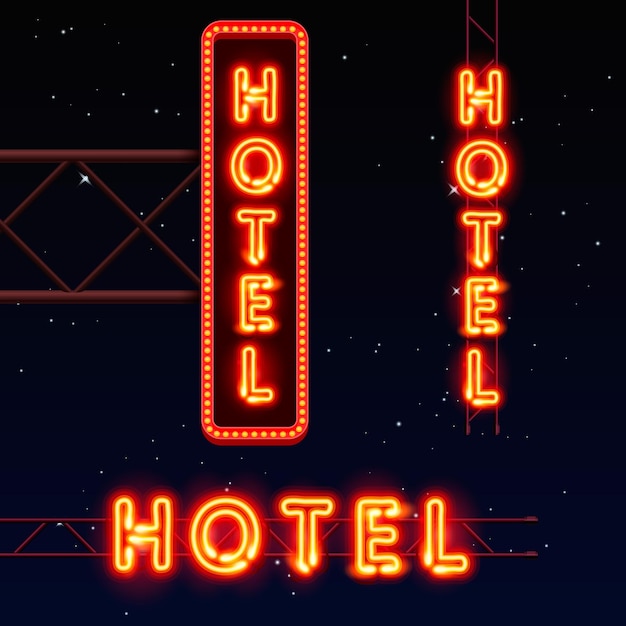 Hotel banner città al neon, testo in verticale in orizzontale, illustrazione vettoriale