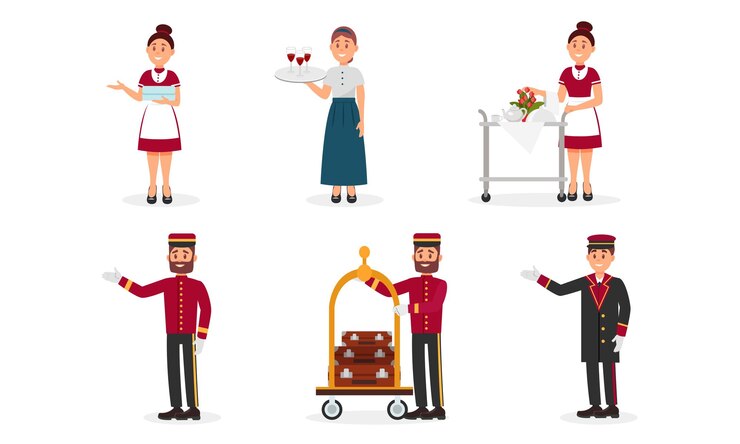 Vettore hotel personale educato e amichevole personaggi illustrazioni vettoriali cameriera che tiene puliti gli asciugamani portiere che tira la dolly con i bagagli bellman che accoglie gli ospiti set concettuale