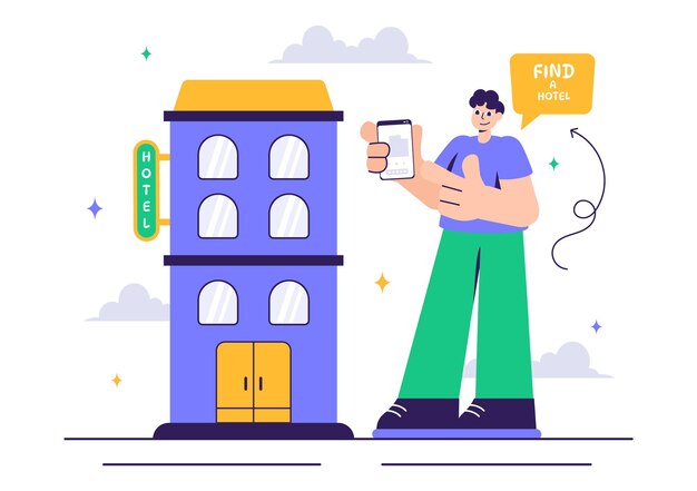 Hotel Reviews Vector Illustration con Rating Services User Satisfaction e Customer Experiences in uno sfondo a cartone animato in stile piatto