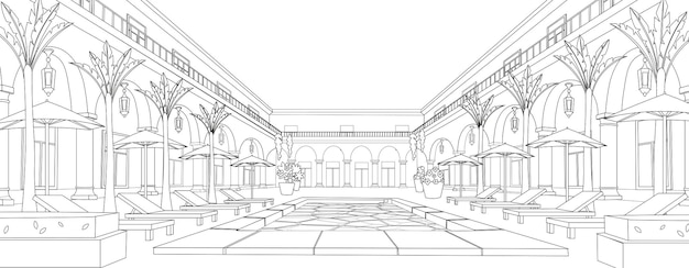 Hotel Vacation Line con piscina e giardino lettini e ombrelloni Illustrazione vettoriale Line art