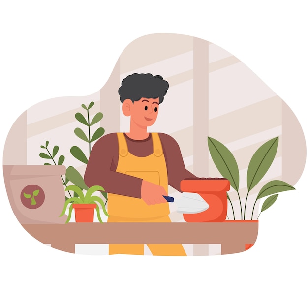 House Plant Giardinaggio Illustration_Man dà fertilizzante alle piante