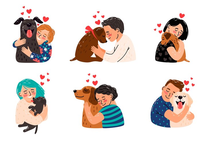 Vettore i bambini accarezzano i cani. bambini che abbracciano l'illustrazione degli animali domestici del cane, ragazze felici e ragazzi sorridenti con l'immagine dei cuccioli, animali domestici che leccano e che giocano i migliori amici dei proprietari
